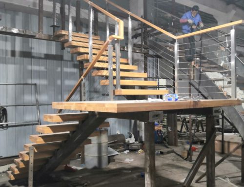 wood step steel beam stair